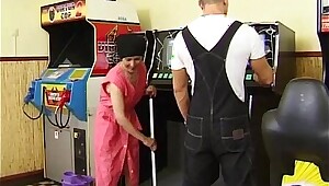 Hairy granny takes young cock on the pool table